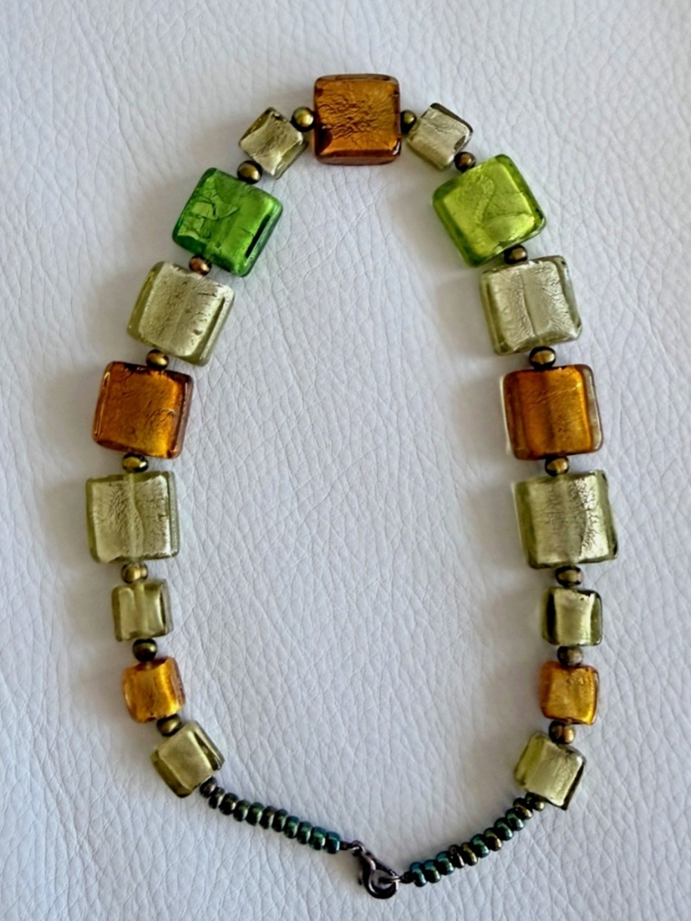 Murano Glass Necklace Square Foil Art Glass Beads Green Gold Amber Italy Vintage - Picture 7 of 8